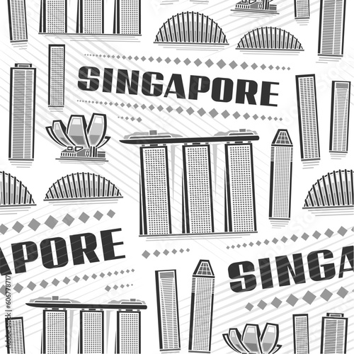 Vector Singapore Seamless Pattern, repeat background with illustration of famous singapore city scape on white background for wrapping paper, monochrome line art urban poster with black text singapore