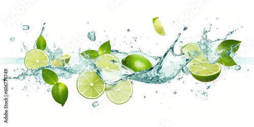 water splash with mint leaves, slices of lime and ice cubes isolated on white ba Fototapet