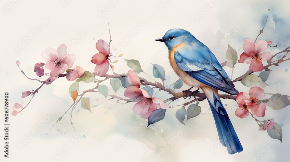 Watercolor Hand Drawn Sketch - Illustration of bird on a branch of a sakura