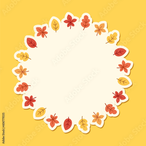 Autumn leaves round frame. Wreath of fall leaves, Halloween, Thanksgiving border template. Vector illustration.