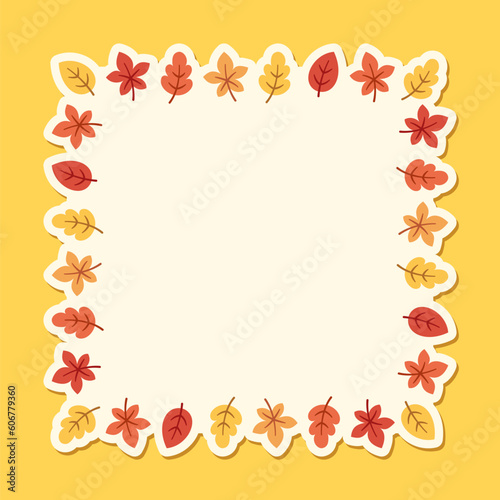 Autumn square frame with seasonal leaves. Modern vector illustration. Halloween, Thanksgiving border template.