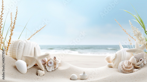 Seashells and starfish on a white beach sand with a sea on background. Summer concept. AI