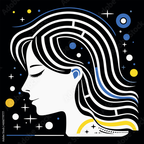 lady with a black background  with swirls and planets  in the style of minimalist strokes  bold outline  bauhaus  mind-bending compositions  serene faces  multiple patterns  colorful dreams