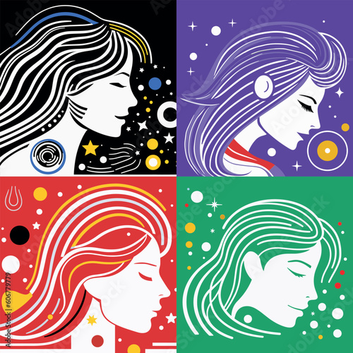 The outline of a woman on a black background  in the style of art deco geometric shapes  naive style  cosmic abstraction  simplified and stylized portraits  stenciled iconography  colorful curves  lig