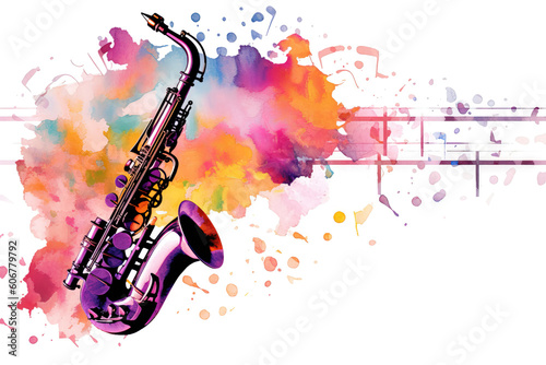Colorful saxophone on watercolor splashes background