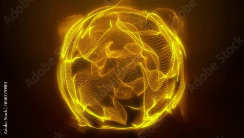 Abstract sphere ball of yellow glowing bright flying energy particles and dots abstract background. Video 4k