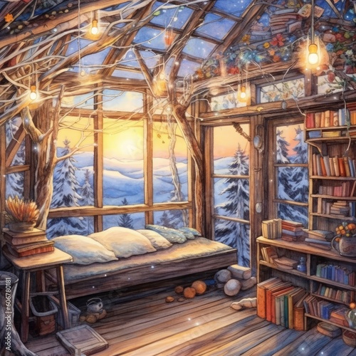 Watercolor wooden cabin in the woods with lights on in winter Generative Ai © Couplely