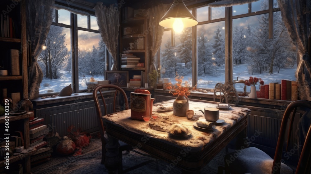 beautiful and warm interior, window, a book, coffee, tea Generative Ai