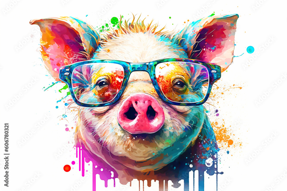Fototapeta Cartoon colorful pig with sunglasses on white background. Created with generative AI