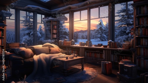 beautiful and warm interior, window, a book, coffee, tea Generative Ai © Couplely