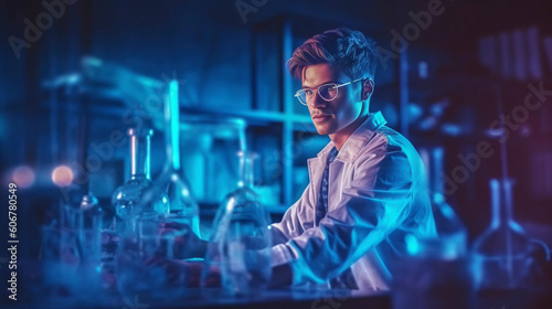 Generative A.I. realistic photo of a young scientist, theme science is cool, modern laboratory, copy space, cinematographic, beautifully color coded, beautiful color grading