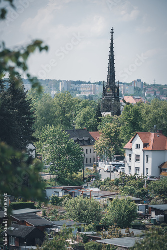 Stadt Freiberg, Sicht auf die Jakobikirche in Freiberg von der Aussichtsplatform Alte Elisabeth aus aufgenommen
