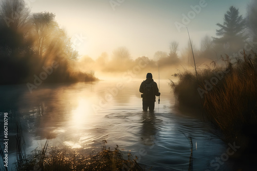 Fisherman by the lake at dawn. Neural network AI generated art Generative AI