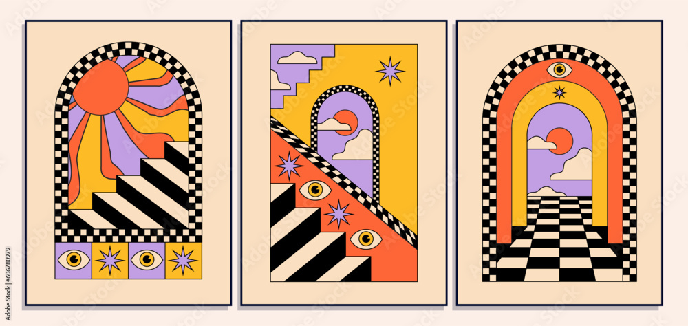 Set of vintage tarot hippie styled posters with surreal abstract arch doorways and architecture for wall art decoration print or cards or music album covers. Vector illustration - obrazy, fototapety, plakaty 