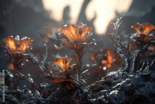 beautiful background with magic flowers growing on the hot lava, ai tools generated image