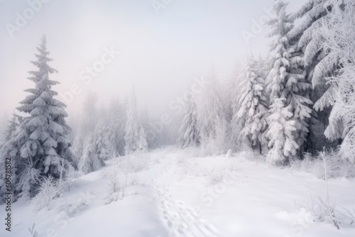 Snowfall in winter forest, Generative ai © Marius
