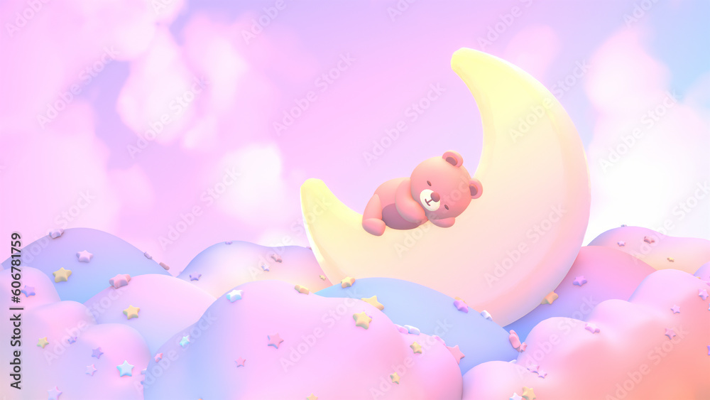 3d rendered cartoon bear sleeping on the moon. 3d rendered cartoon bear sleeping on the moon.