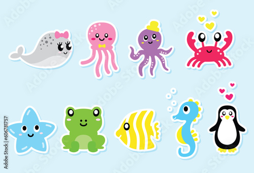 Adorable set of cute fully editable animals living in water. 