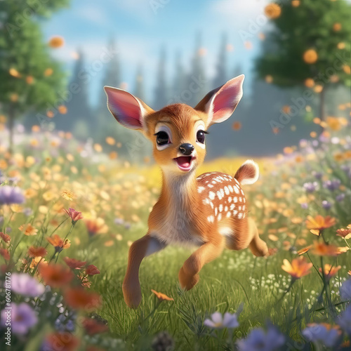Funny little fawn jumping in a meadow full of flowers © Lohan