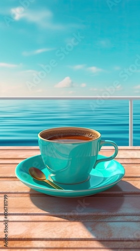 a cup of coffee and an ocean Generative Ai