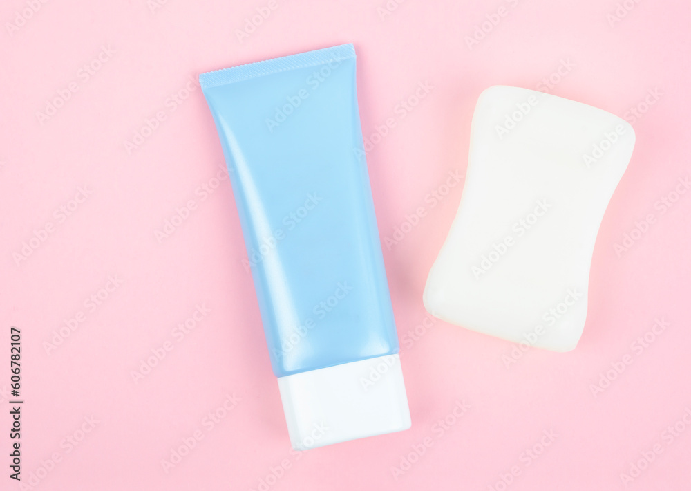 op view blue squeeze bottle plastic tube and herb soap bar for branding of medicine or cosmetics. op view blue squeeze bottle plastic tube and herb soap bar for branding of medicine or cosmetics.