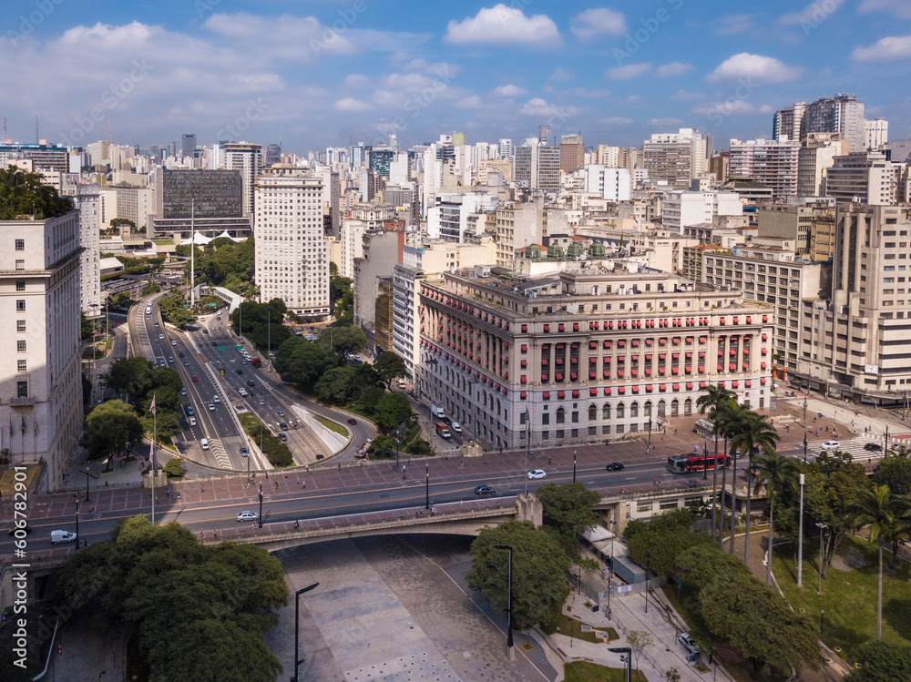 Beautiful aerial drone view of Anhangabau Valley square, viaduto do cha and classic buildings of Sao Paulo city skyline in summer sunny day. Concept of architecture, urban, metropolis.