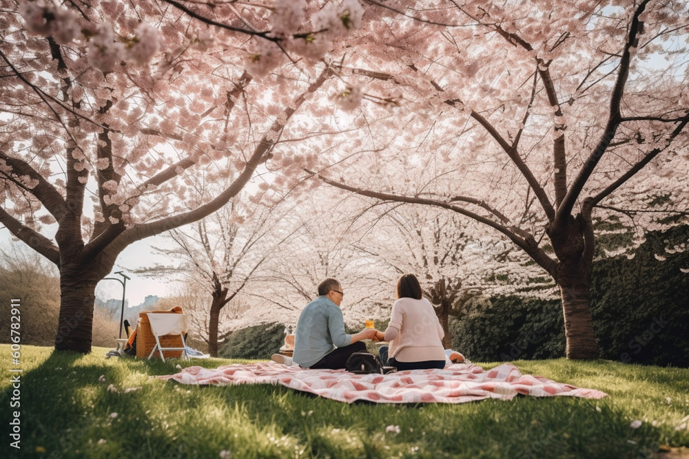 Unrecognizable couple enjoying a picnic in a blooming cherry blossom park capturing the beauty and fleetingness of nature and love,
