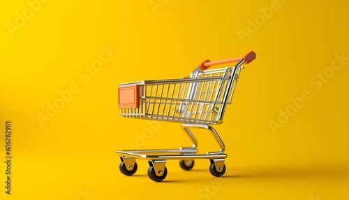 Shopaholic. Buyer. Shopping concept. Close-up. Isolated shopping trolley on a yellow background.