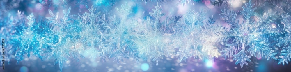 Soft turquoise and blue gradation snowflake winter background. AI generative illustration.
