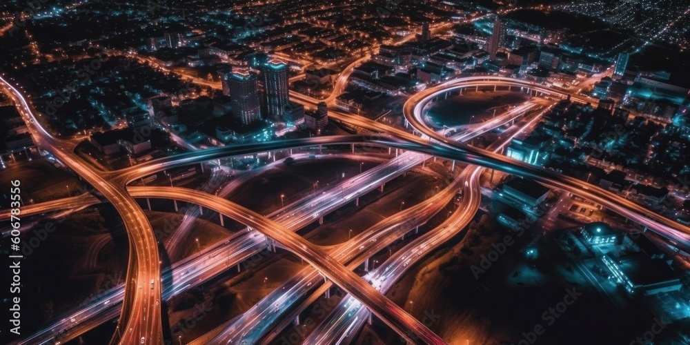 Aerial view of highway and overpass with cars in city. AI generative illustration. Aerial view of highway and overpass with cars in city. AI generative illustration.