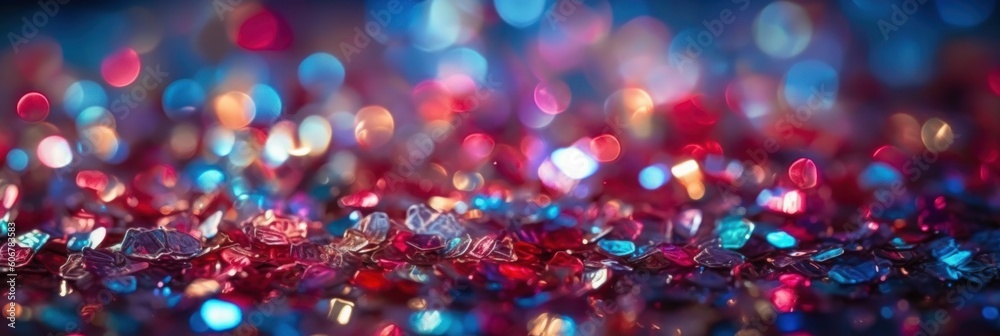 Colorful holographic glow confetti particles with amazing bokeh with magical sparkles. AI generative illustration.