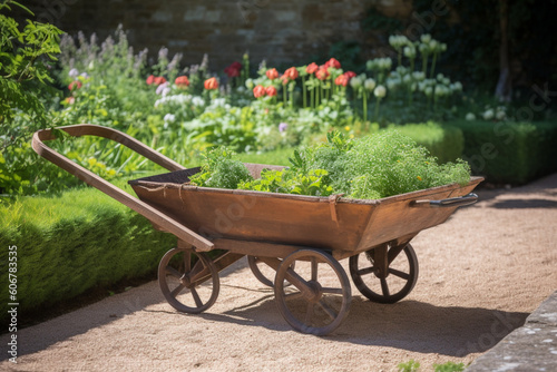 Wheelbarrow in sunny formal garden