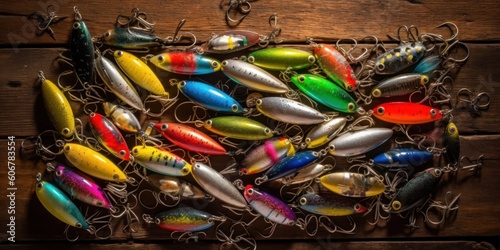 Lot of multicolored fishing lures on a wooden background. AI generative illustration.