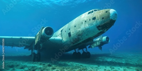 Aircraft wreck underwater with turbine engines. AI generative illustration.