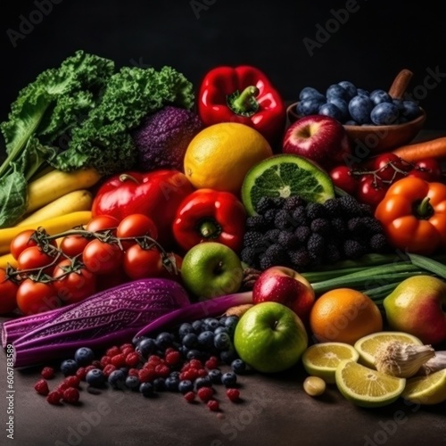 Assortment of fresh fruits and vegetables in rainbow colors. AI generative illustration.