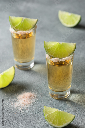 Shots of golden tequila with lime. Side view, selective focus, vertical.