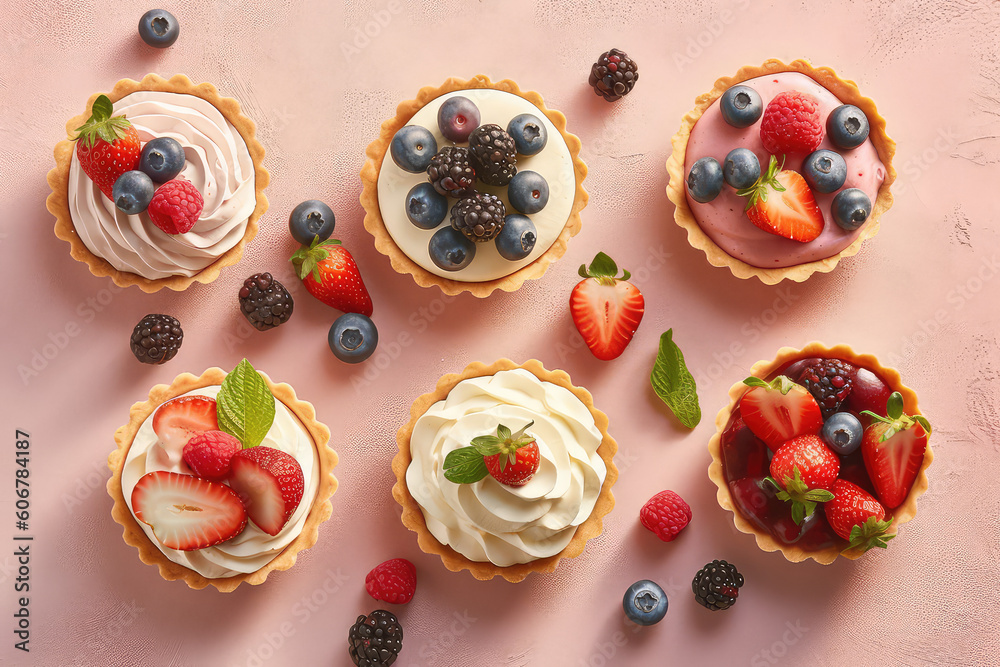 Delicious sand dough tartlets with vanilla cream swirl, blueberries, raspberries, strawberries, blackberries isolated on pastel beige background, top view, copy space. Generative AI photo imitation.