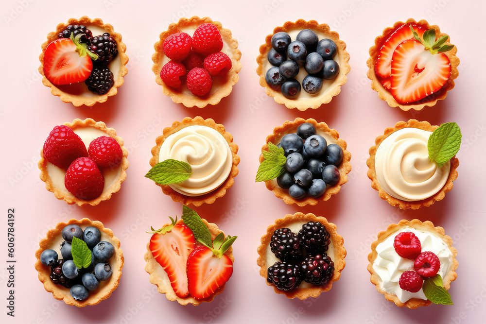 Delicious sand dough tartlets with vanilla cream swirl, blueberries, raspberries, strawberries, blackberries isolated on pastel beige background, top view, copy space. Generative AI photo imitation. Delicious sand dough tartlets with vanilla cream swirl, blueberries, raspberries, strawberries, blackberries isolated on pastel beige background, top view, copy space. Generative AI photo imitation.