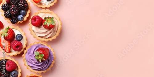 Delicious sand dough tartlets with vanilla cream swirl, blueberries, raspberries, strawberries, blackberries isolated on pastel pink background, top view, copy space. Generative AI photo imitation.