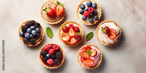 Delicious sand dough tartlets with vanilla cream swirl, blueberries, raspberries, strawberries, blackberries isolated on pastel background, top view, copy space. Generative AI photo imitation.