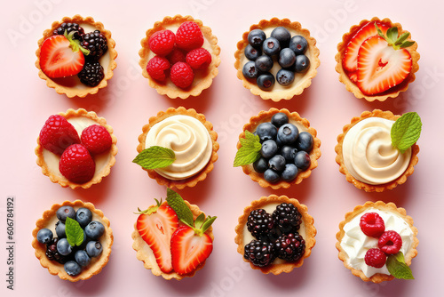 Delicious sand dough tartlets with vanilla cream swirl, blueberries, raspberries, strawberries, blackberries isolated on pastel beige background, top view, copy space. Generative AI photo imitation.