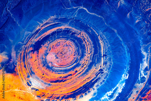 Richat Structure in Mauritania, Sahara desert. Digital enhancement. Elements by NASA photo