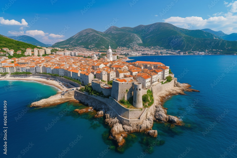 View of Budva old town Budva Municipality and Riviera resort on the Adriatic sea coast Montenegro sunny day with a blue sky aerial drone view with beach and mountains travel to Montenegro