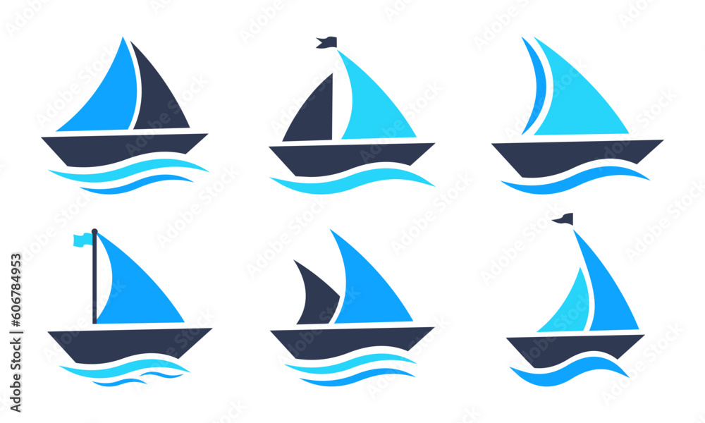 Set of sail boat vector icons. Silhouette with sailboat and blue sea wave. Nautical yacht or sailboat.