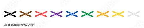 Set with belts karate vector icons on white background. Full Collection of martial arts belts. Vector 10 EPS.