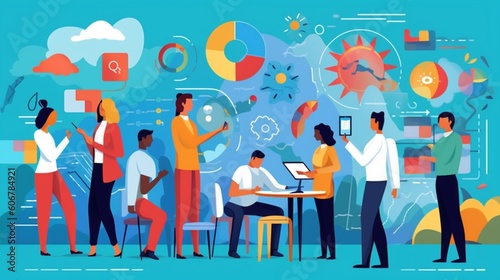 Teamwork in a company. They are discussing, analyzing data charts, and fostering collaboration. Vibrantly background, bright and vibrant atmosphere.