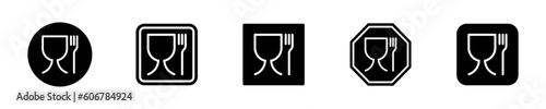 Set of safe food vector symbols. Glass and fork icons. Product safety. Eating and drink sign.