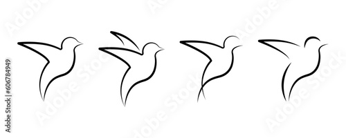 Set of abstract outline birds vector icons. Beautiful shapes with tropical flight birds. Sketch tattoo.