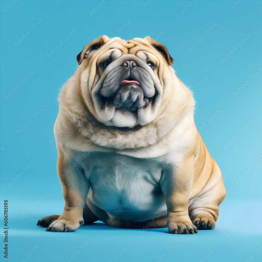 fat bulldog sitting isolated on plain blue studio background, made with generative ai	