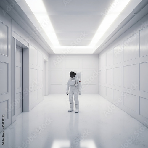 Astronaut in a white room. 3D rendering image. © Milton